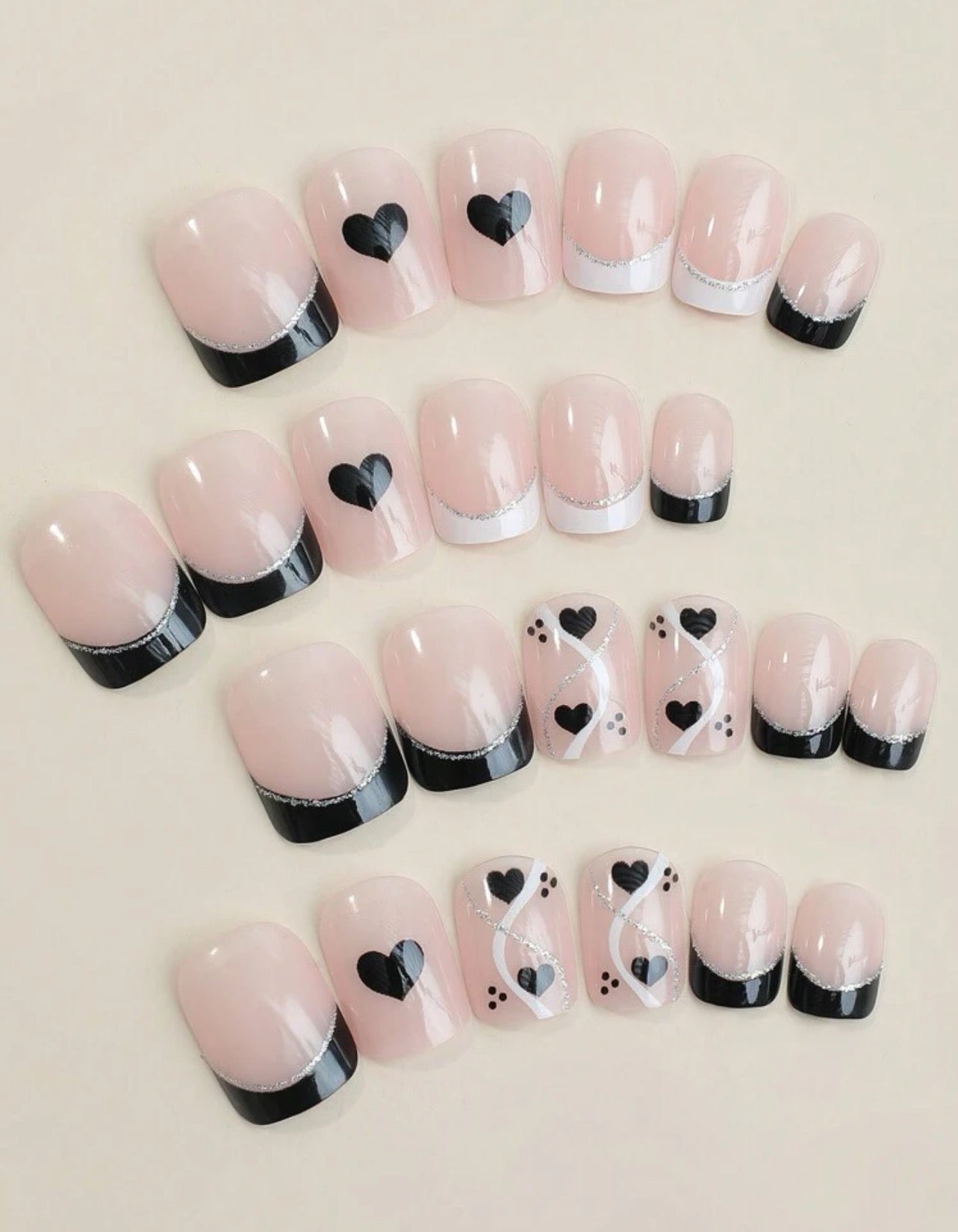 White & Black Heart Nail Kit (Short)