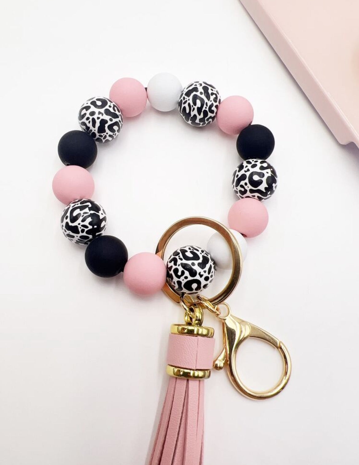 Pink Leopard Wooden Keychain