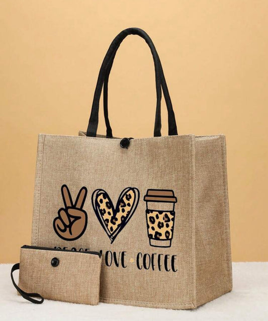 Khaki Peace Love Coffee Bag w/pouch holder