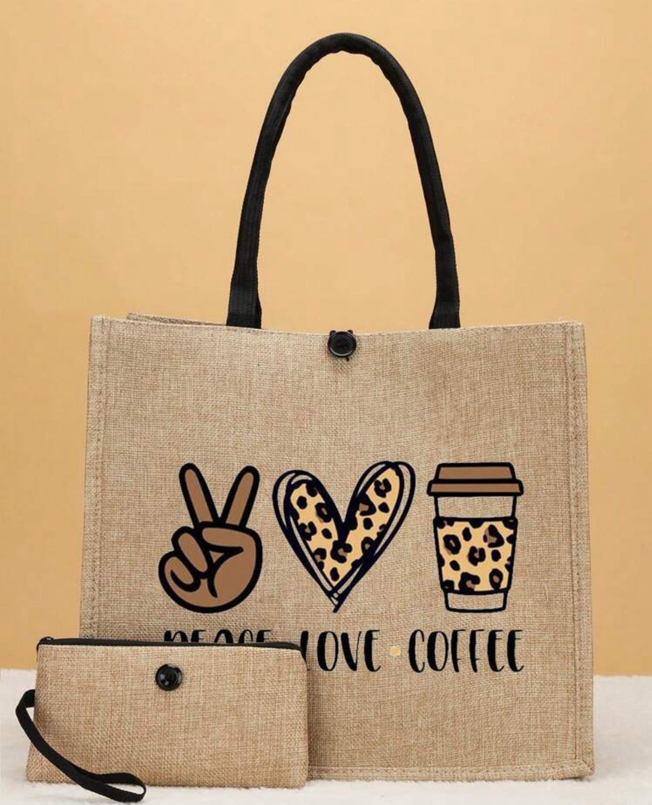 Khaki Peace Love Coffee Bag w/pouch holder