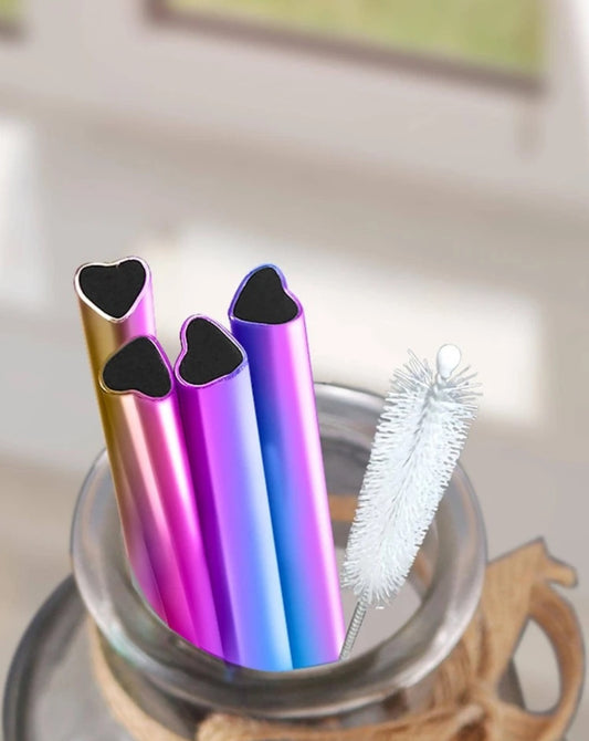 5pc Metallic Metal Heart Straw Set