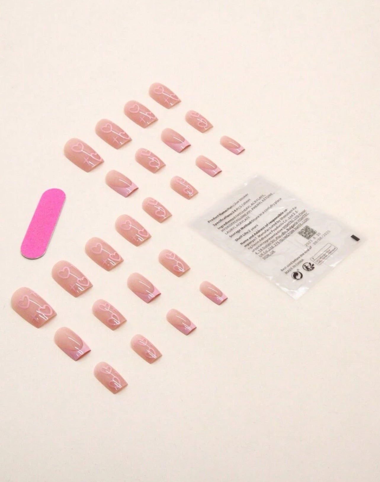 Pink Tip White Hearts Nail Kit (Medium)